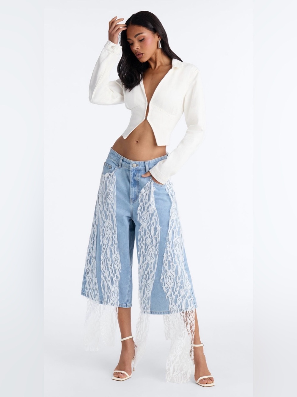 Fashion Nova Light Blue Wide Lace-Panel Crop Jeans